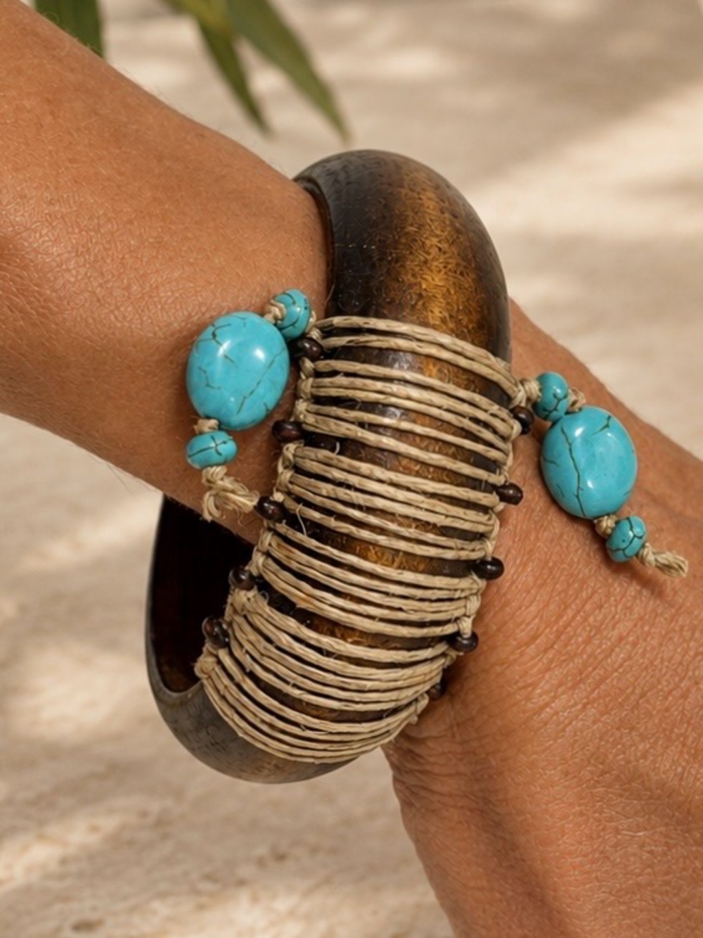 Boho Turquoise Bead Bracelet Bangle. Wood with Natural Hemp Cord Wrap